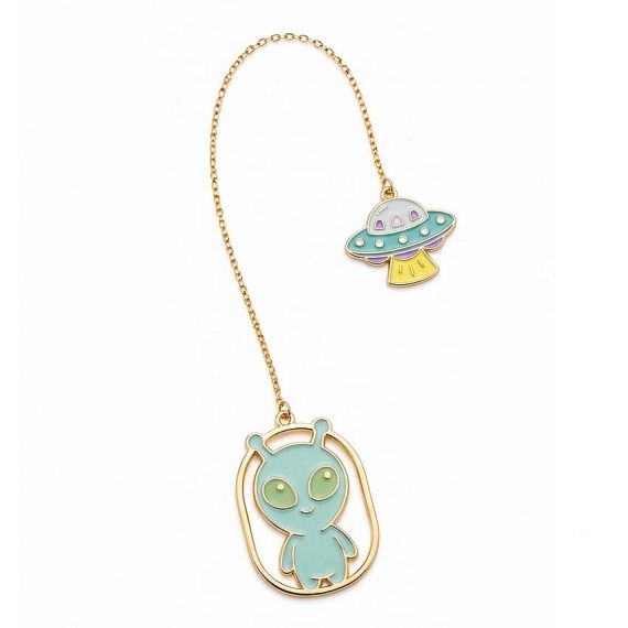 Customized alien and UFO enamel chain bookmark with gold plating and vibrant soft enamel colors for creative stationery gifts.