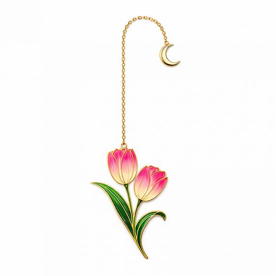 Elegant customized tulip enamel metal bookmark with gold moon pendant and vivid gradient colors available with low MOQ for retailers.