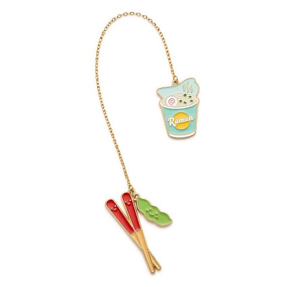 Personalized Japanese ramen and chopsticks metal chain bookmark with cute food-themed enamel charms for book lovers and students.