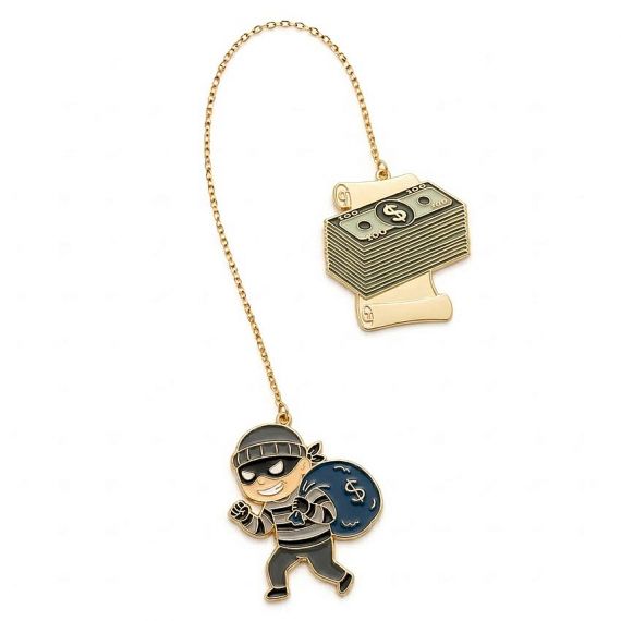 Bespoke cartoon thief and money bag enamel bookmark with durable gold chain and high-quality zinc alloy charms for unique promotional gifts.