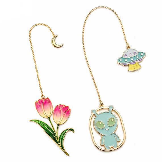 Custom Enamel Chain Bookmarks - Custom set of tulip flower and alien UFO enamel bookmarks featuring delicate gold chains and moon pendants for gift shop supplies.