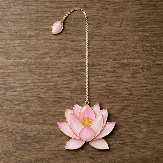 Luxury custom pink lotus flower enamel bookmark with long gold chain and matching flower bud pendant manufactured by professional metal factory.