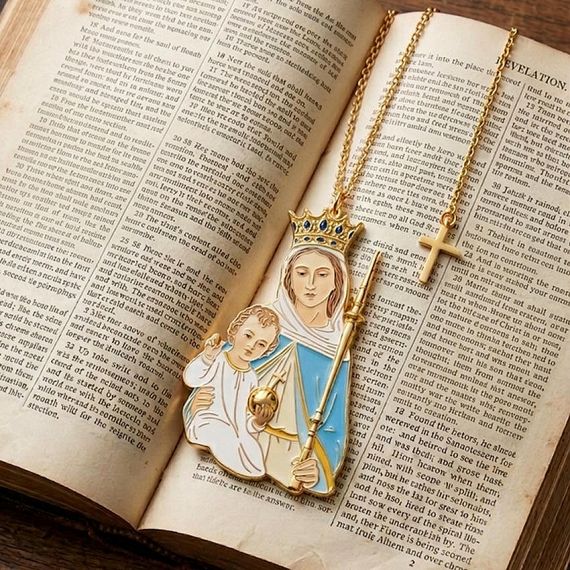 Religious themed custom Virgin Mary enamel bookmark with elegant blue robes and gold plated cross pendant for church souvenirs.