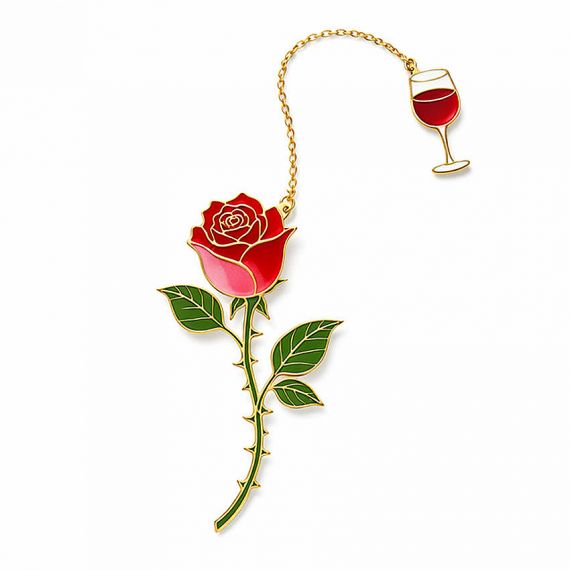 Wholesale custom red rose and wine glass enamel chain bookmark with intricate leaf details and gold plating for romantic wedding favors.