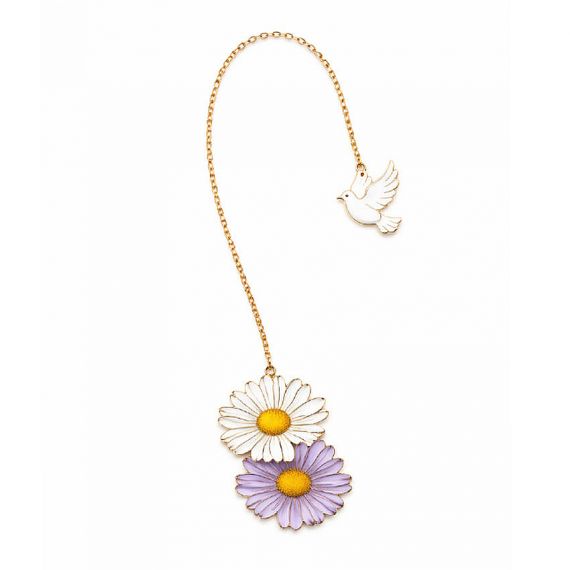 Bespoke daisy flower and dove enamel bookmark set with gold chain for peace-themed souvenirs and high-end stationery branding.