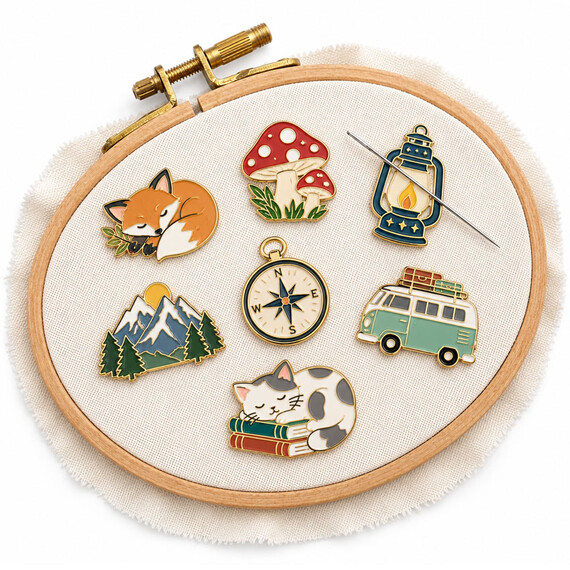 Custom magnetic needle minder collection with fox mushroom lantern compass camper and cat enamel designs for embroidery and craft retail