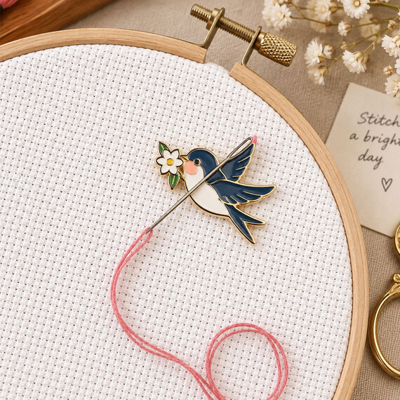 Custom magnetic needle minder with bird soft enamel design on embroidery hoop for cross stitch and needlework accessories