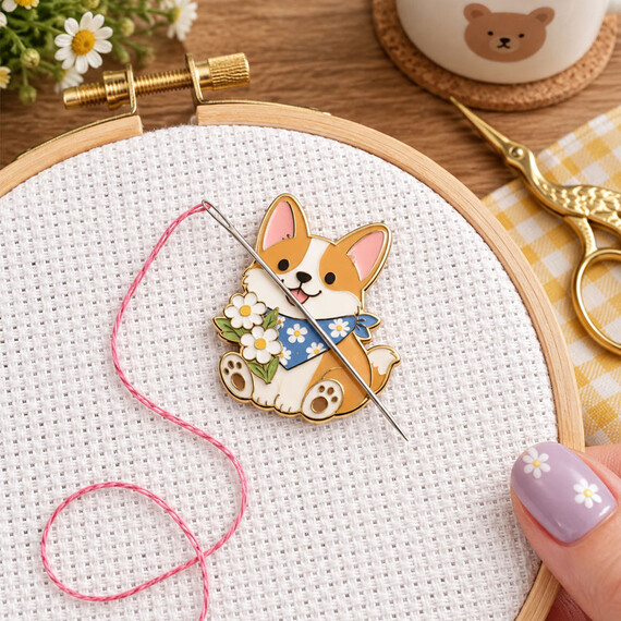 Custom enamel needle minder with cute corgi floral design, magnetic needle holder for embroidery cross stitch and craft merchandise