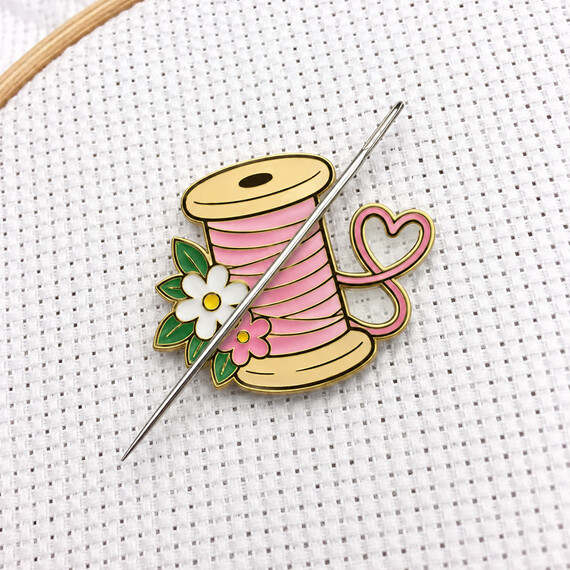 Personalized magnetic needle minder with pink thread spool soft enamel design for sewing embroidery and cross stitch projects