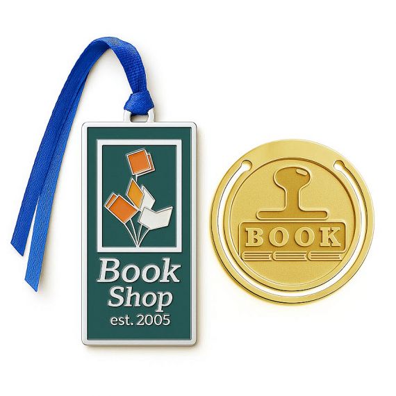 Custom Etched Metal Bookmarks - Personalized enamel filled metal bookmark and round gold paperclip set, custom logo book accessories for bookstores and libraries.