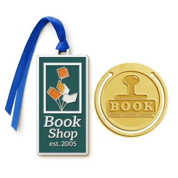 Custom Etched Metal Bookmarks - Personalized enamel filled metal bookmark and round gold paperclip set, custom logo book accessories for bookstores and libraries.