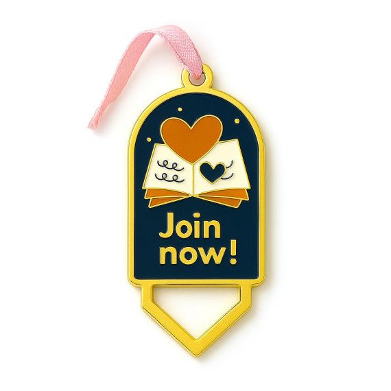 Custom arch-shaped gold plated soft enamel metal bookmark with pink ribbon and "Join Now" logo, personalized decorative book accessories for membership clubs and promotional gifts.
