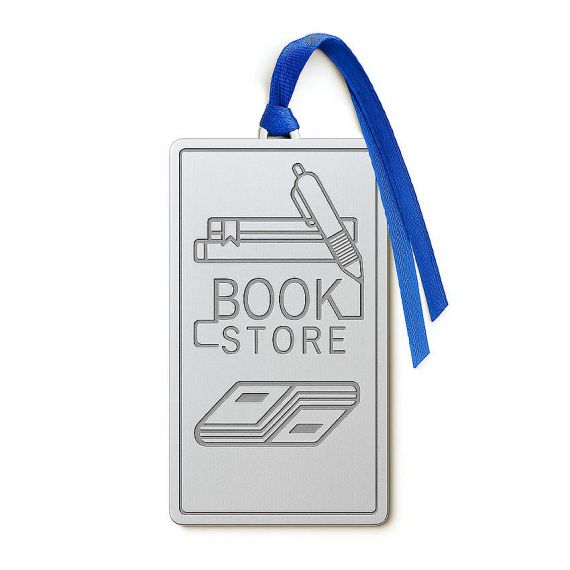Custom rectangular silver etched metal bookmark with pen and book line art design, premium stationery gift from professional metal manufacturer.
