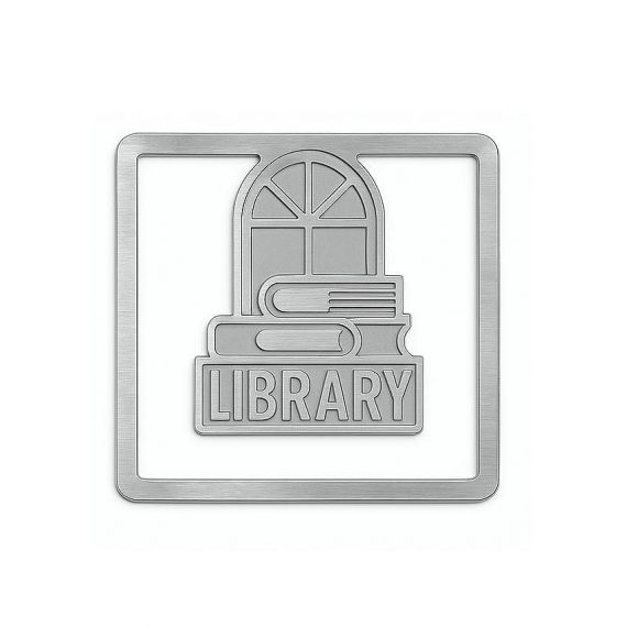 Custom cut-out square metal paperclip bookmark with library book and window design, durable stainless steel etched reading gift.