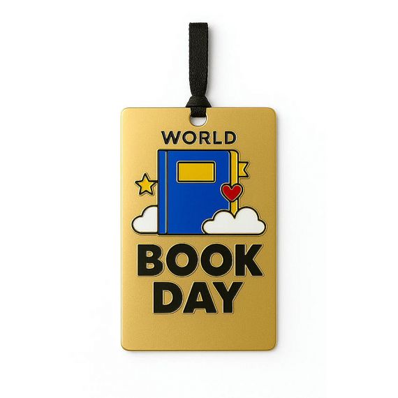 High-quality gold plated custom logo bookmark with colorful soft enamel and black ribbon, promotional World Book Day souvenir.
