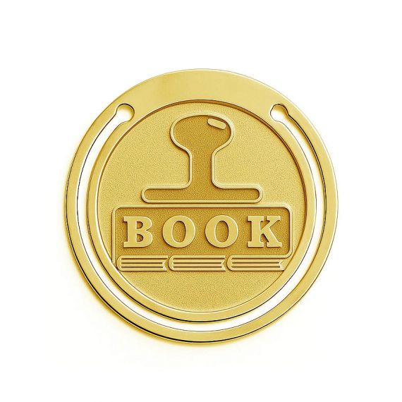 Round gold plated brass paperclip bookmark with custom embossed "BOOK" stamp logo, luxury corporate gift for book lovers.