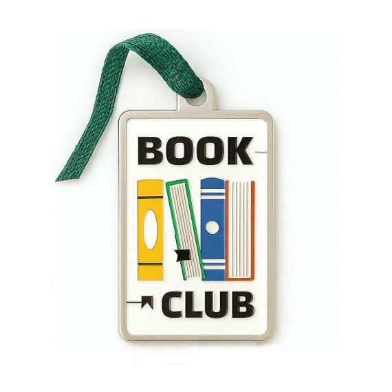 Customized rectangular soft enamel metal bookmark with green ribbon, personalized Book Club logo stationery for promotional events.