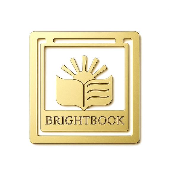 Square gold hollow-out metal paperclip bookmark with custom "BRIGHTBOOK" logo, high-end etched metal stationery wholesaler.