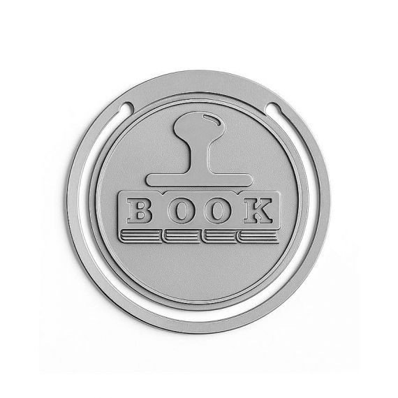 Custom silver plated round metal bookmark paperclip with embossed book stamp design, professional OEM metal factory supply.
