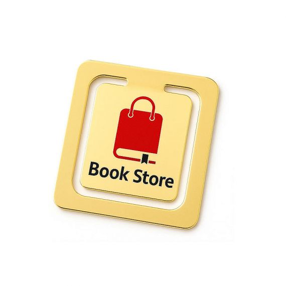 Premium square gold metal bookmark clip with custom red shopping bag logo, bespoke promotional merchandise for retail bookstores.