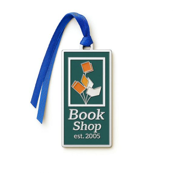Customized green enamel metal bookmark with blue ribbon and "Book Shop" logo, durable etched metal souvenir for readers and collectors.