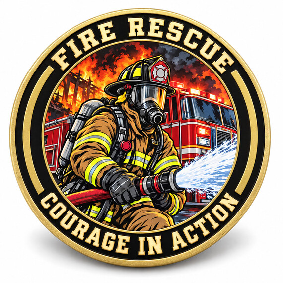 UV printed firefighter challenge coin with fire rescue illustration, fire truck and firefighting scene