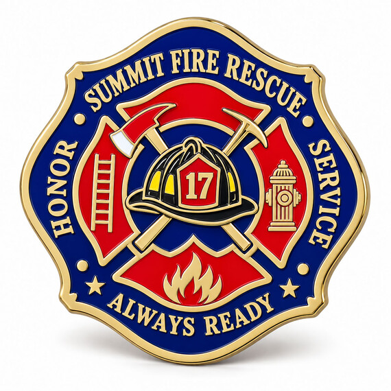 Custom hard enamel firefighter challenge coin with fire helmet, ladder, hydrant and Station 17 design