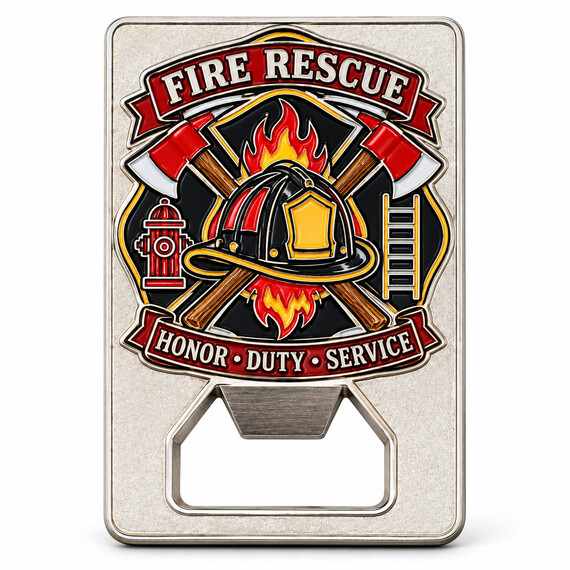 Custom firefighter bottle opener challenge coin with fire helmet, crossed axes, hydrant and ladder design