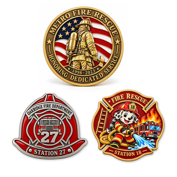 Custom Firefighter Challenge Coins - Custom firefighter challenge coins for service recognition, fire stations, and commemorative programs.