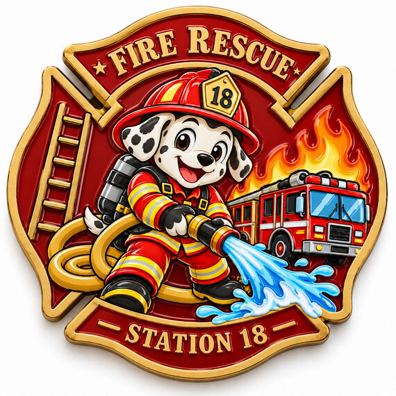 Custom firefighter challenge coin with cartoon Dalmatian firefighter, fire truck and Station 18 design