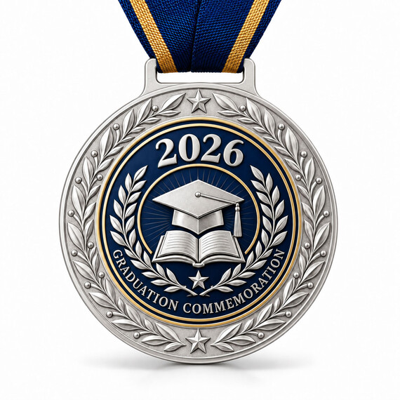 Custom silver graduation commemorative medal with raised metal relief, navy blue enamel and woven ribbon