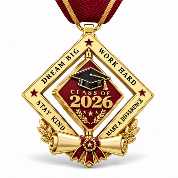 Custom spinning graduation medal with rotating center, gold plating, red enamel and graduation cap design