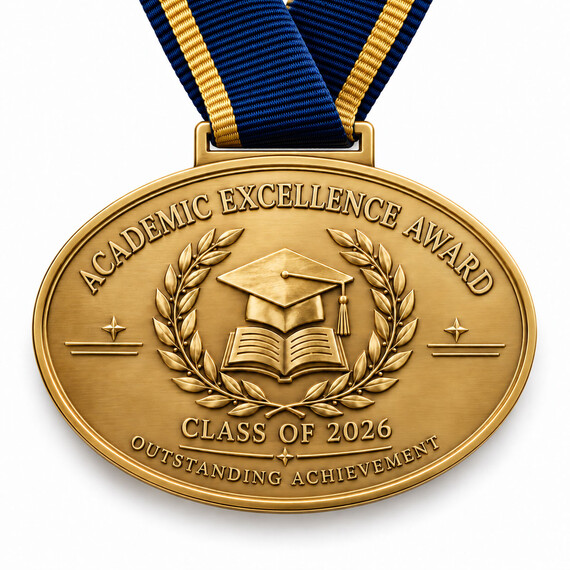 Custom oval graduation award medal with gold metal relief, academic achievement design and blue ribbon