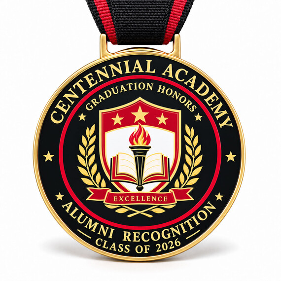Custom graduation medal with full-color UV printed academic crest, gold metal border and black red ribbon