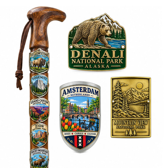 Custom Hiking Stick Medallions - Custom hiking stick medallions in brass and printed aluminum featuring national park, wildlife, mountain and destination souvenir designs.