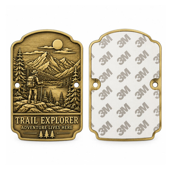 Antique brass hiking stick medallion shown front and back with mountain trail artwork, mounting holes and 3M adhesive backing.