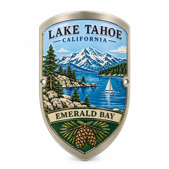 Custom Soft Enamel Hiking Stick Medallion Lake Tahoe Souvenir Metal Walking Stick Badge with Mountain and Lake Design