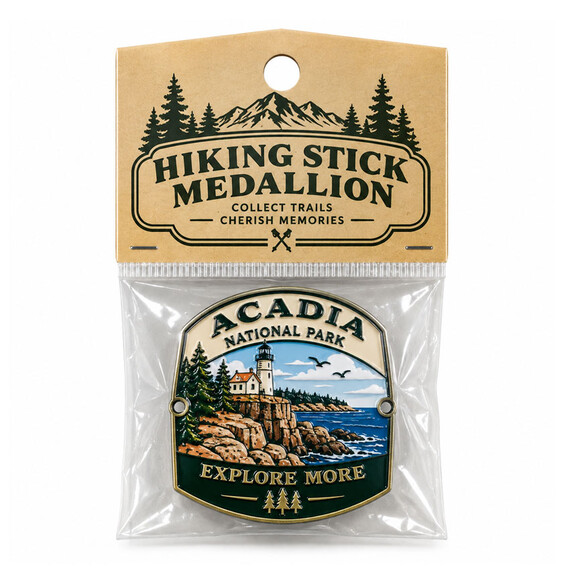 Retail packaged custom hiking stick medallion for national park souvenirs, featuring soft enamel coastal artwork with header card and clear bag.