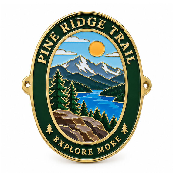 Custom soft enamel hiking stick medallion with mountain, lake and pine tree design, gold metal finish and side mounting holes.