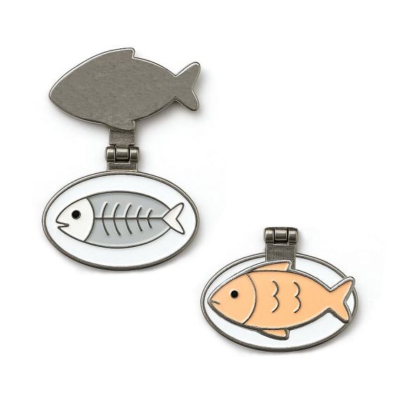 personalized novelty enamel pin creative fish-shaped hinged pin revealing a fish skeleton inside.