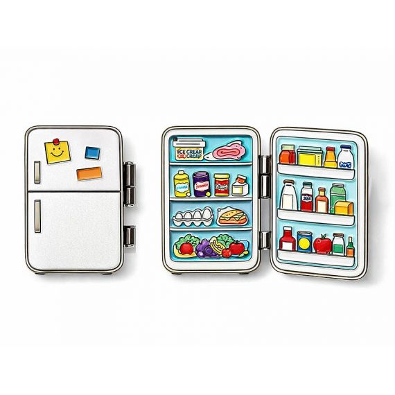 Custom Hinged Enamel Pins - Interactive retro refrigerator hinged enamel pin opening to reveal detailed food and drinks. Custom hinged pin featuring a sturdy 180-degree hinge mechanism.