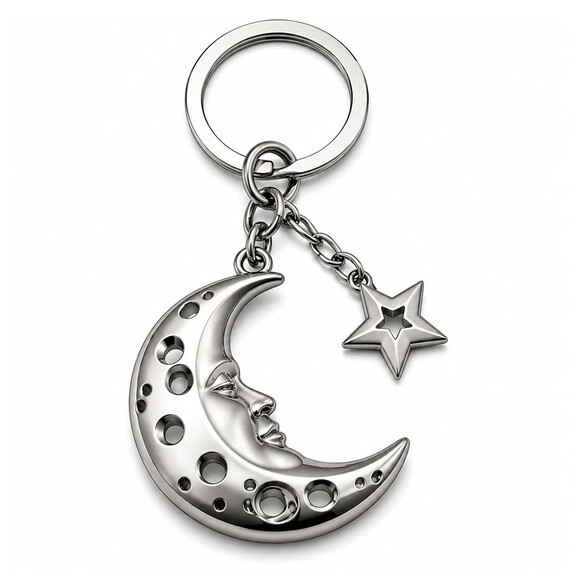 Polished nickel crescent moon keychain with decorative cutout details and matching star charm