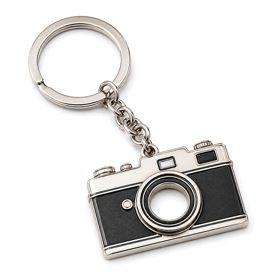 Custom zinc alloy hollow out camera keychain with open lens cutout and black enamel details