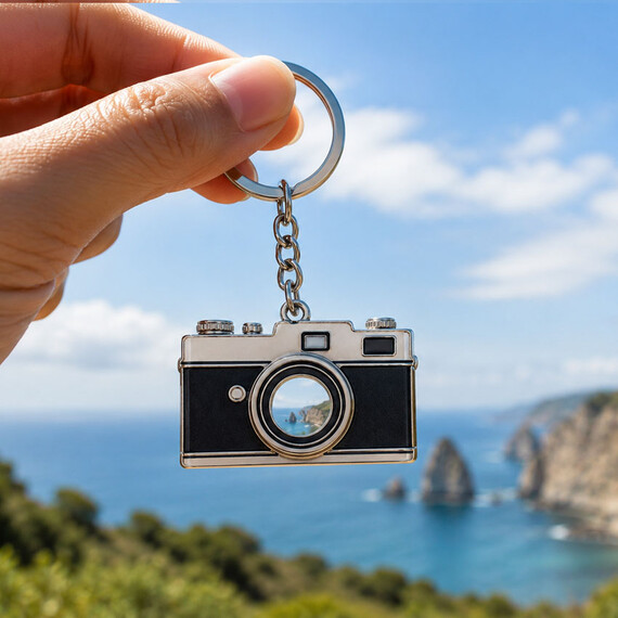 Hollow out camera keychain held against a coastal view with the landscape visible through the open lens