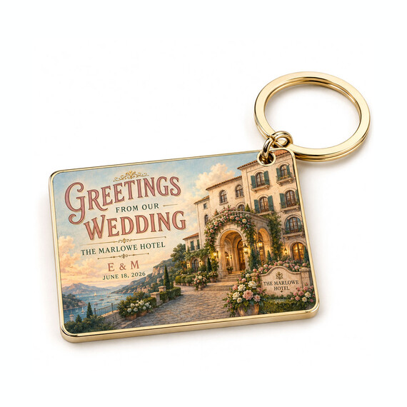 UV printed hotel wedding keychain featuring detailed resort artwork, personalized names and wedding date