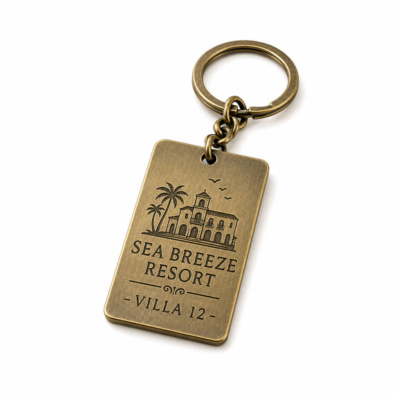 Antique gold metal hotel key tag with engraved resort building, property name and villa number
