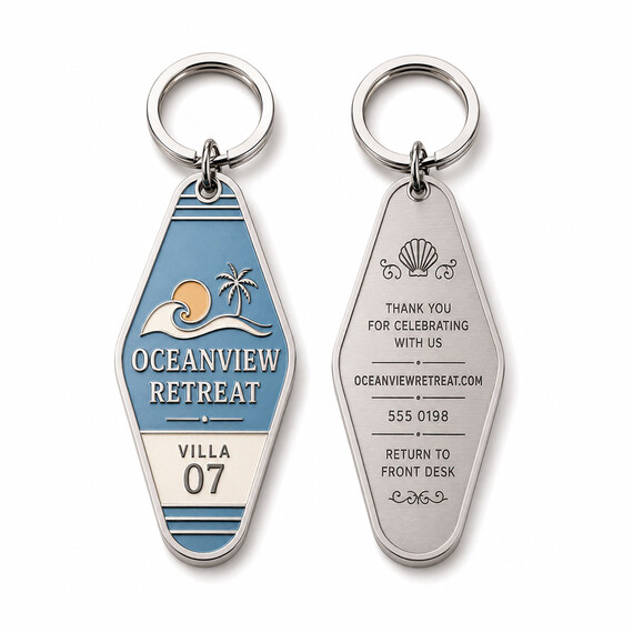 Double-sided soft enamel resort keychain with villa number and key-return information on the reverse