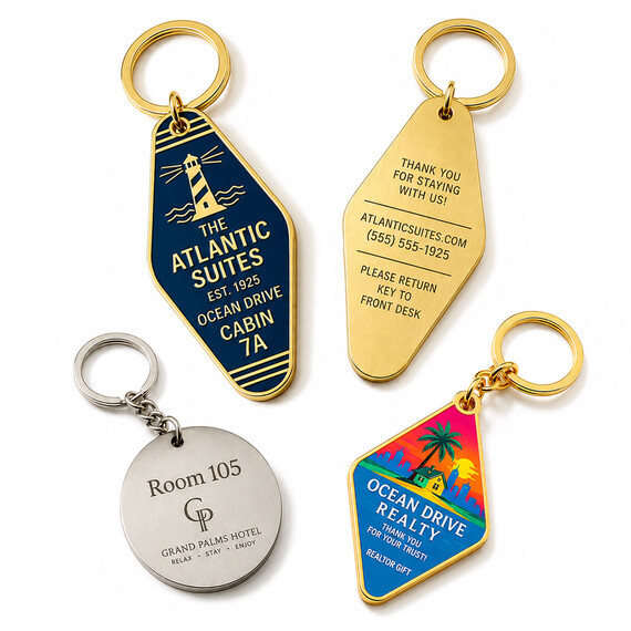 Custom Hotel & Motel Keychains - Custom hotel and motel keychains can be produced with double-sided information, laser-engraved room numbers and full-color printed artwork for hospitality and gift applications.
