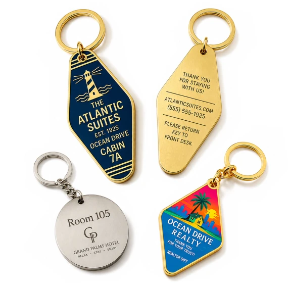Custom Hotel & Motel Keychains - Custom hotel and motel keychains can be produced with double-sided information, laser-engraved room numbers and full-color printed artwork for hospitality and gift applications.