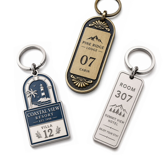 Custom numbered hotel key tags combine room, cabin or villa numbers with property logos, enamel colors and metal finishes.